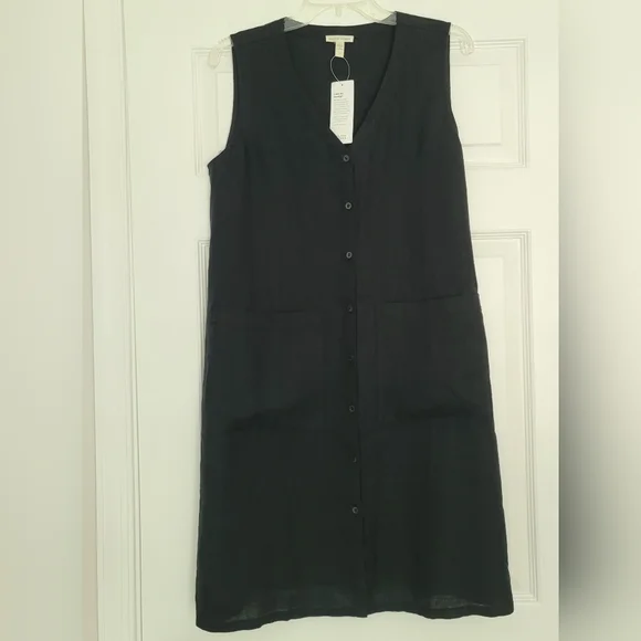 NWT EILEEN FISHER Black Linen Sleeveless Button Front Long Tunic, Size S/P - Picture 3 of 10